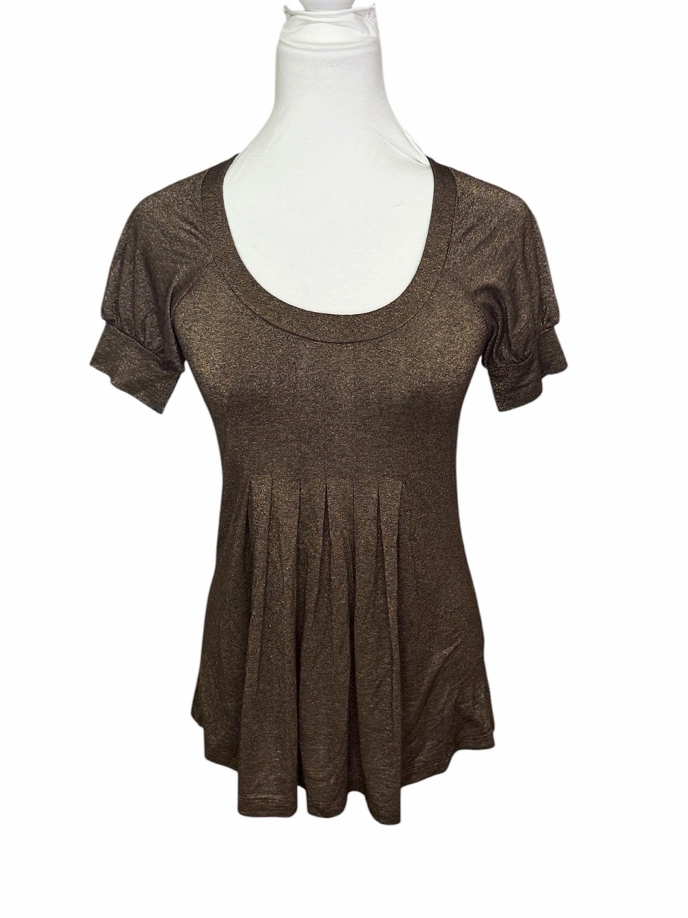 Ella Moss Shimmer Brown Scoop Neck Pleated Top